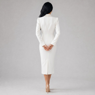 Sukienka Marynarkowa Ołówkowa Midi z Klapami i Guzikami - Idealna do Pracy, Biura i na Eleganckie Wieczory | Sylnia Butik
