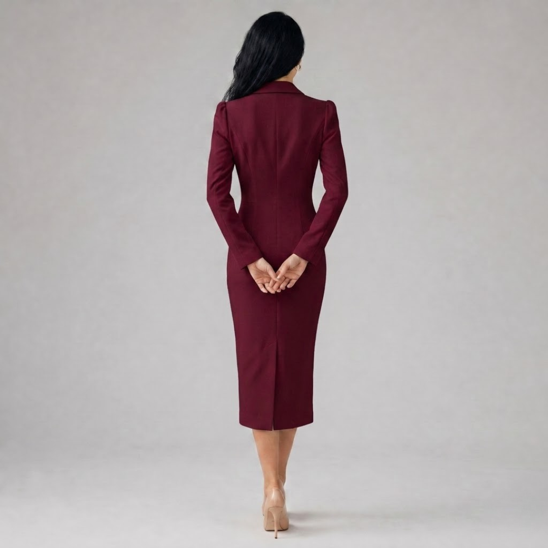 Sukienka Marynarkowa Ołówkowa Midi z Klapami i Guzikami - Idealna do Pracy, Biura i na Eleganckie Wieczory | Sylnia Butik