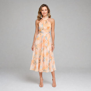 Elegancka Sukienka Midi w Kwiaty na Wesele z Dekoltem Halter i Akwarelowym Nadrukiem - Idealna na Koktajl i Letnią Galę | Sylnia Butik