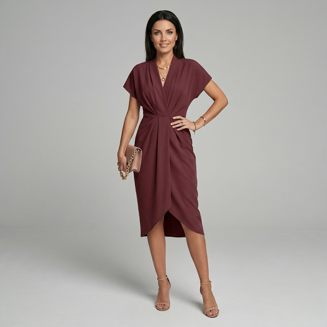 Elegancka Sukienka Kopertowa Midi z Dekoltem V na Wesele, Koktajl i Letnie Przyjęcia | Sylnia Butik
