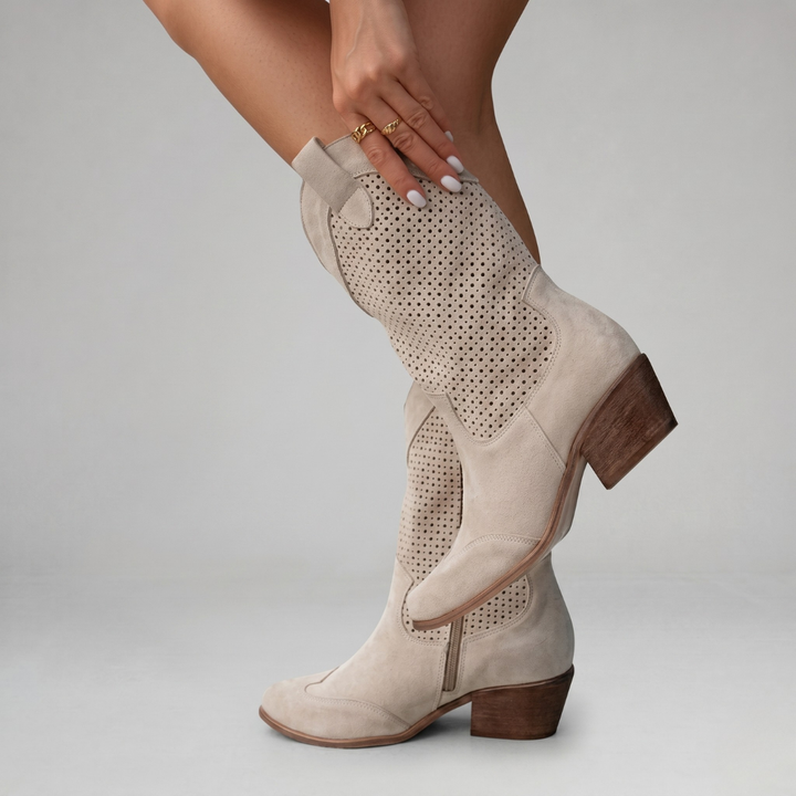 Damskie Kowbojki Ażurowe na Obcasie z Perforowanym Wzorem — Eleganckie Botki Western na Wiosnę i Lato | Sylnia Butik