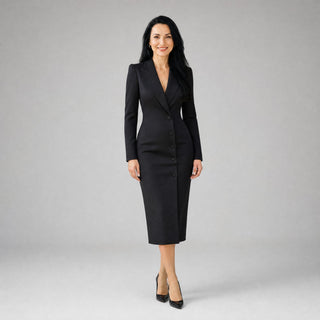 Sukienka Marynarkowa Ołówkowa Midi z Klapami i Guzikami - Idealna do Pracy, Biura i na Eleganckie Wieczory | Sylnia Butik