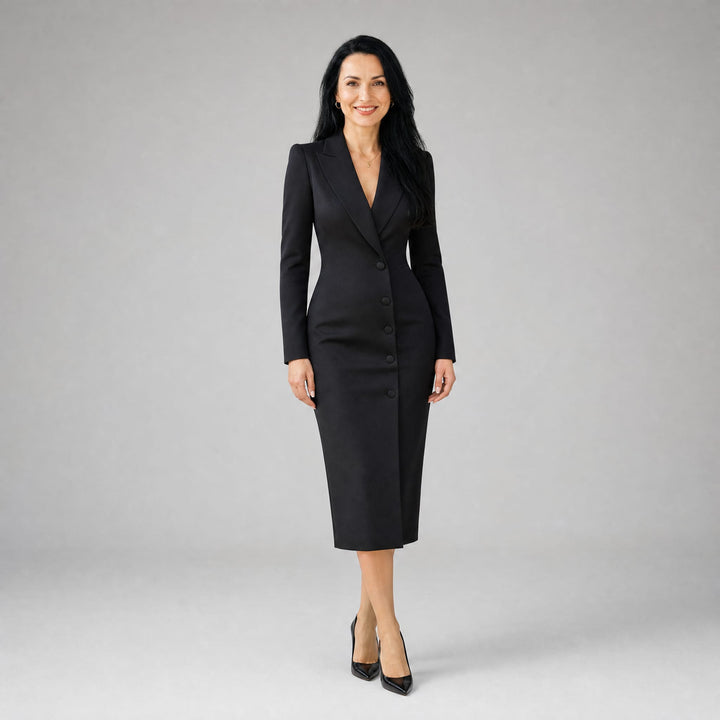 Sukienka Marynarkowa Ołówkowa Midi z Klapami i Guzikami - Idealna do Pracy, Biura i na Eleganckie Wieczory | Sylnia Butik