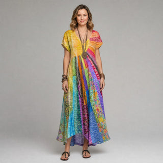 Długa Sukienka Maxi Boho z Kolorowym Wzorem Patchwork i Dekoltem V - Codzienna i Artystyczna na Wiosnę i Lato | Sylnia Butik