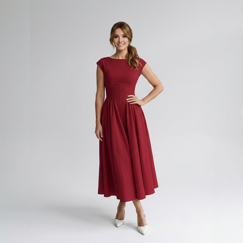 Elegancka Rozkloszowana Sukienka Midi z Krótkim Rękawem i Okrągłym Dekoltem