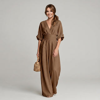 Kombinezon Damski z Szerokimi Nogawkami, Dekoltem V i Zaznaczoną Talią