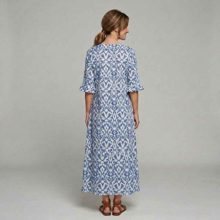 Luźna Letnia Sukienka Maxi z Ornamentowym Wzorem Boho i Krótkim Rękawem