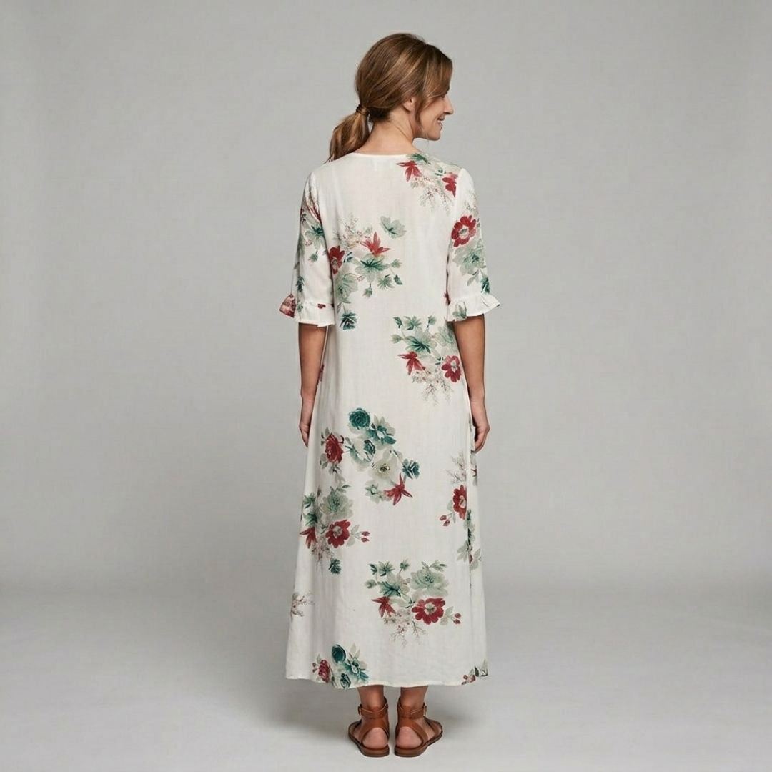 Luźna Letnia Sukienka Maxi z Ornamentowym Wzorem Boho i Krótkim Rękawem