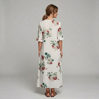 Luźna Letnia Sukienka Maxi z Ornamentowym Wzorem Boho i Krótkim Rękawem