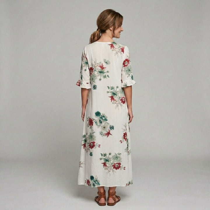 Luźna Letnia Sukienka Maxi z Ornamentowym Wzorem Boho i Krótkim Rękawem