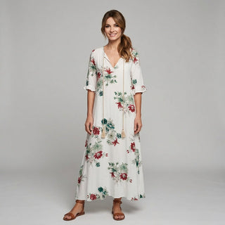 Luźna Letnia Sukienka Maxi z Ornamentowym Wzorem Boho i Krótkim Rękawem
