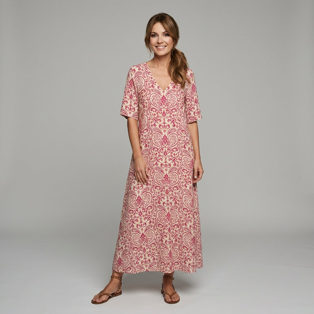 Luźna Letnia Sukienka Maxi z Ornamentowym Wzorem Boho i Krótkim Rękawem