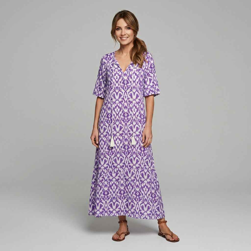 Luźna Letnia Sukienka Maxi z Ornamentowym Wzorem Boho i Krótkim Rękawem