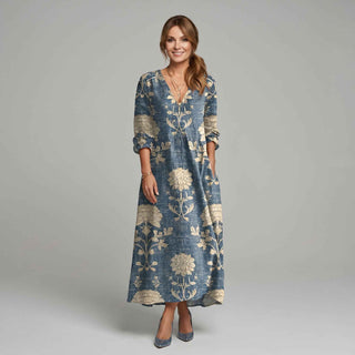 Sukienka Midi Boho w Kwiatowy Wzór z Dekoltem V i Kieszeniami