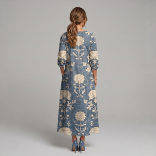 Sukienka Midi Boho w Kwiatowy Wzór z Dekoltem V i Kieszeniami