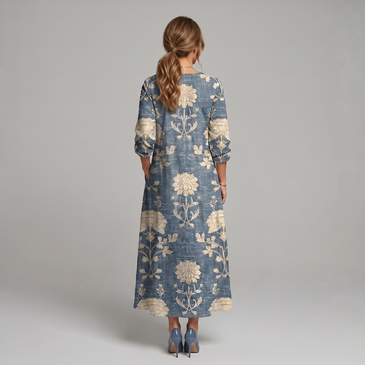 Sukienka Midi Boho w Kwiatowy Wzór z Dekoltem V i Kieszeniami