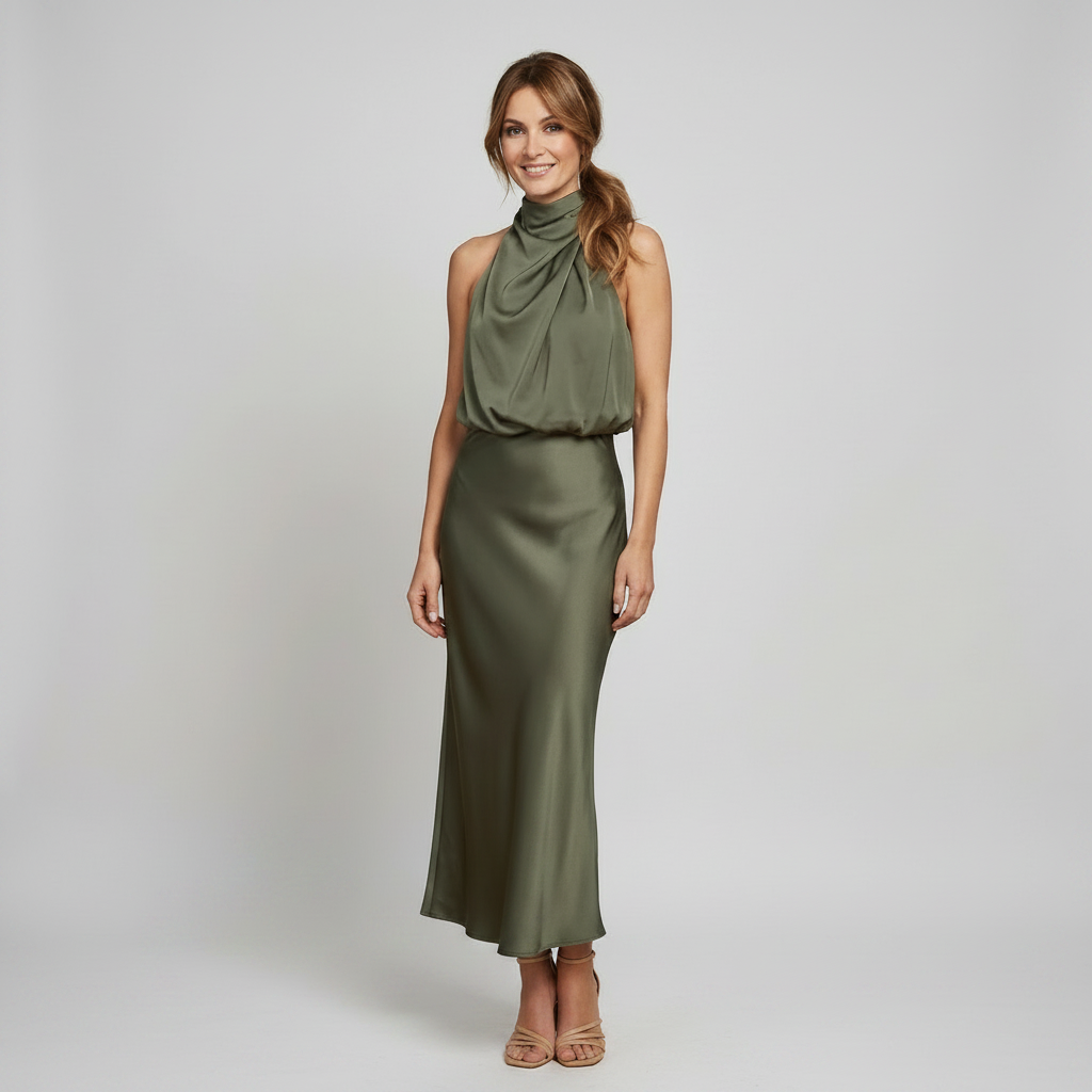 Elegancka Drapowana Sukienka Midi bez Rękawów
