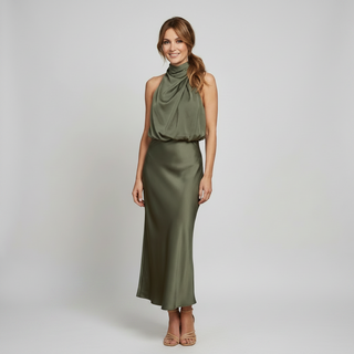 Elegancka Drapowana Sukienka Midi bez Rękawów