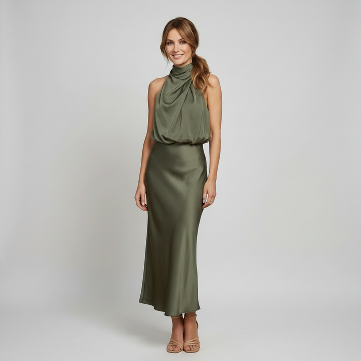 Elegancka Drapowana Sukienka Midi bez Rękawów