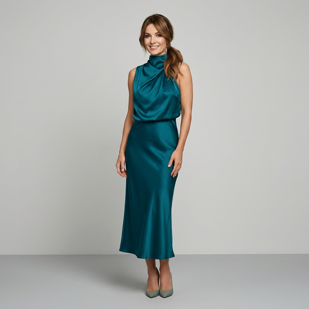 Elegancka Drapowana Sukienka Midi bez Rękawów