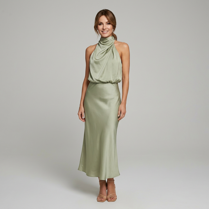 Elegancka Drapowana Sukienka Midi bez Rękawów