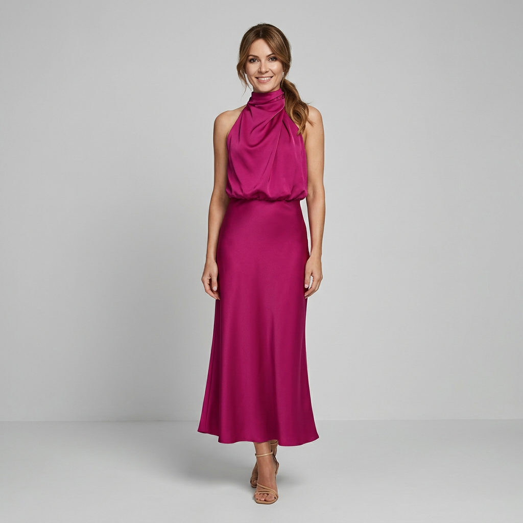 Elegancka Drapowana Sukienka Midi bez Rękawów
