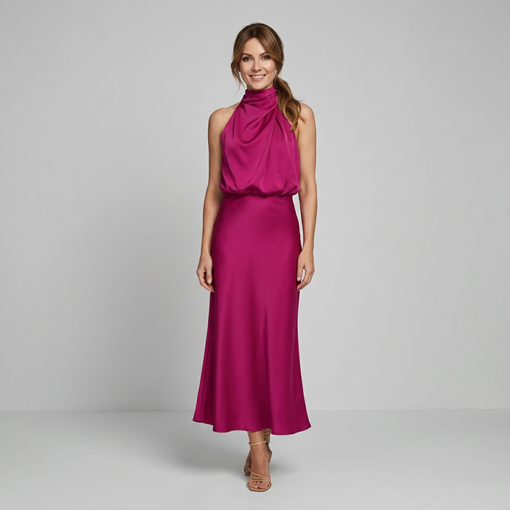 Elegancka Drapowana Sukienka Midi bez Rękawów