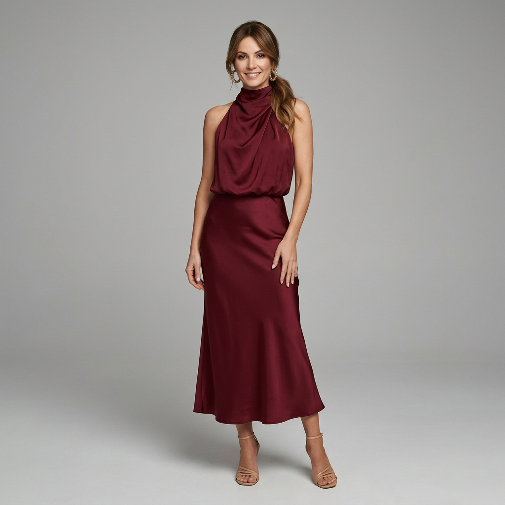 Elegancka Drapowana Sukienka Midi bez Rękawów