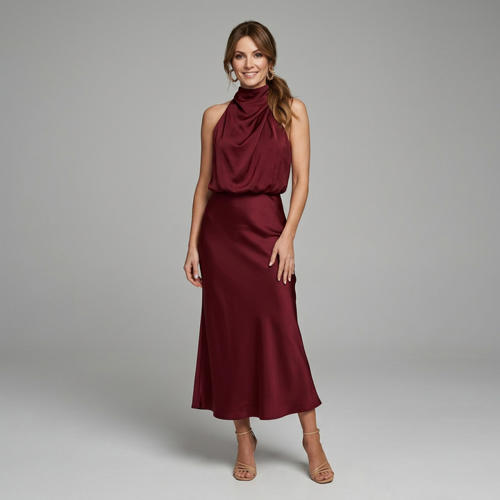 Elegancka Drapowana Sukienka Midi bez Rękawów