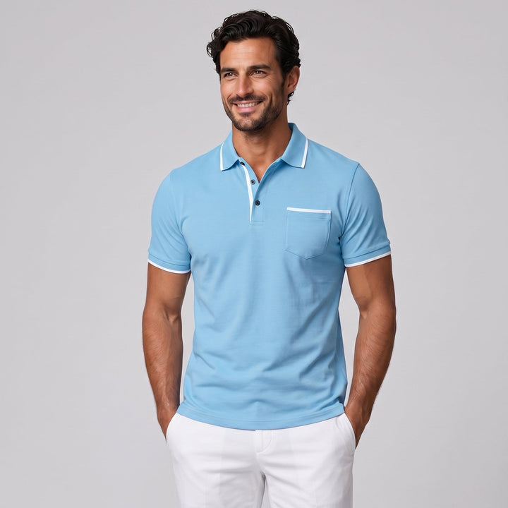 Elegancka Męska Koszulka Polo z Kontrastową Lamówką i Kieszonką