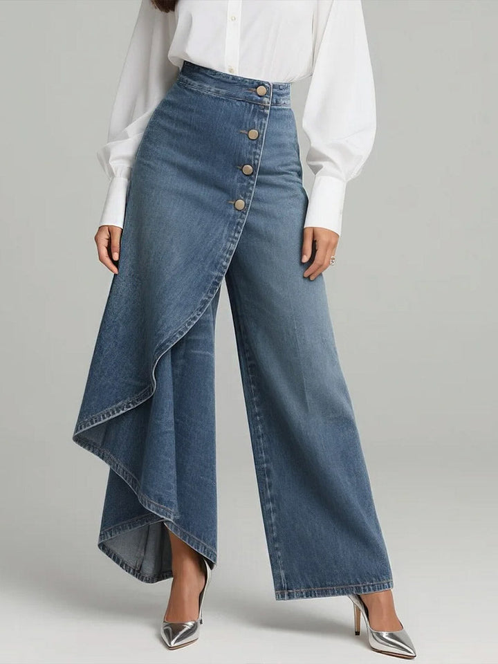 Wyraziste jeansy wide leg damskie z wysokim stanem i zakładką