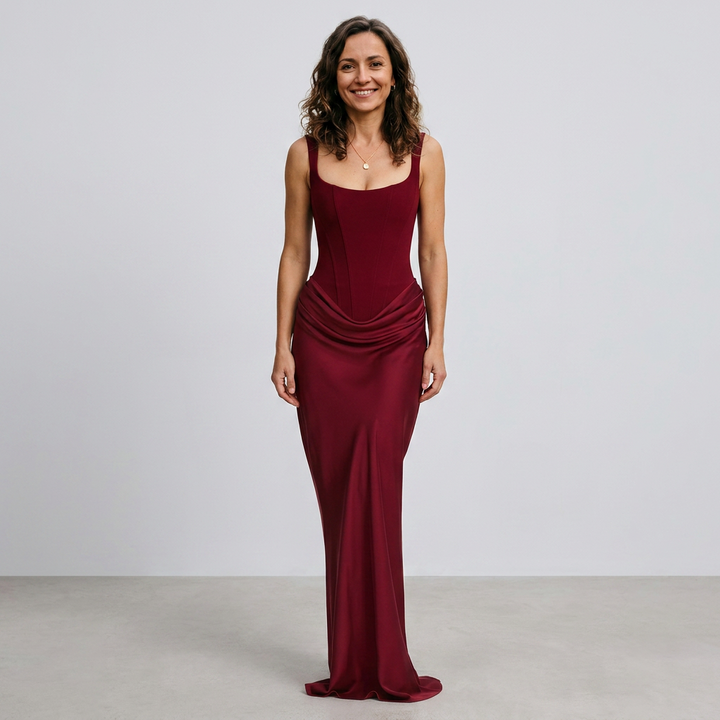 Elegancka Gorsetowa Sukienka Maxi z Drapowaniem