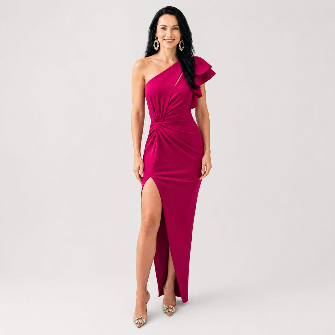 Elegancka Sukienka Wieczorowa Maxi Kopertowa na Jedno Ramię z Falbaną i Rozcięciem — Sukienka na Wesele, Bankiet i Wieczorne Wyjścia | Sylnia Butik