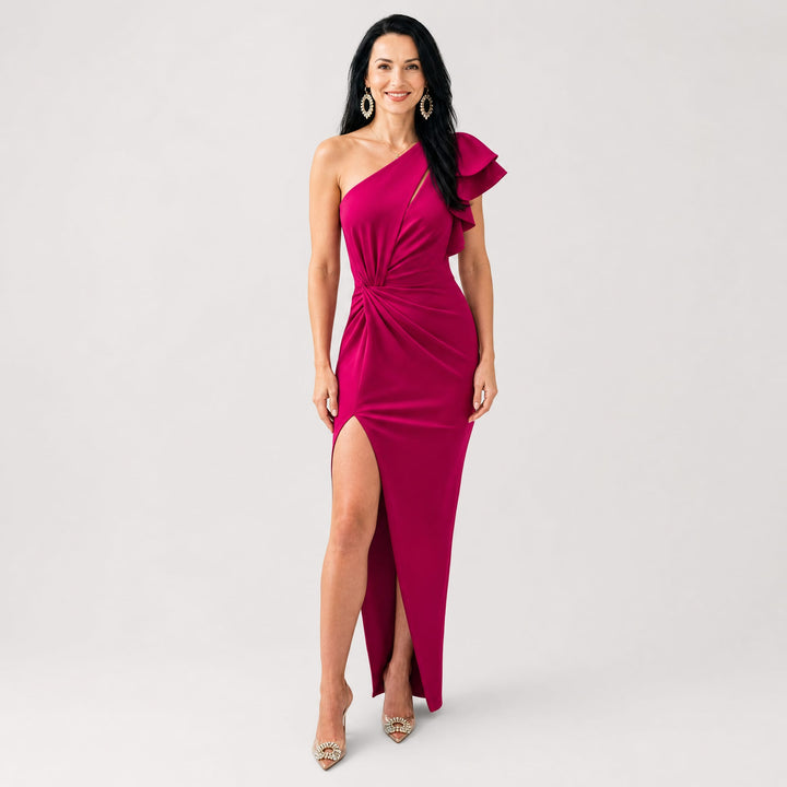 Elegancka Sukienka Wieczorowa Maxi Kopertowa na Jedno Ramię z Falbaną i Rozcięciem — Sukienka na Wesele, Bankiet i Wieczorne Wyjścia | Sylnia Butik