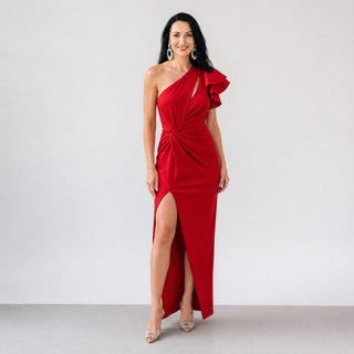 Elegancka Sukienka Wieczorowa Maxi Kopertowa na Jedno Ramię z Falbaną i Rozcięciem — Sukienka na Wesele, Bankiet i Wieczorne Wyjścia | Sylnia Butik