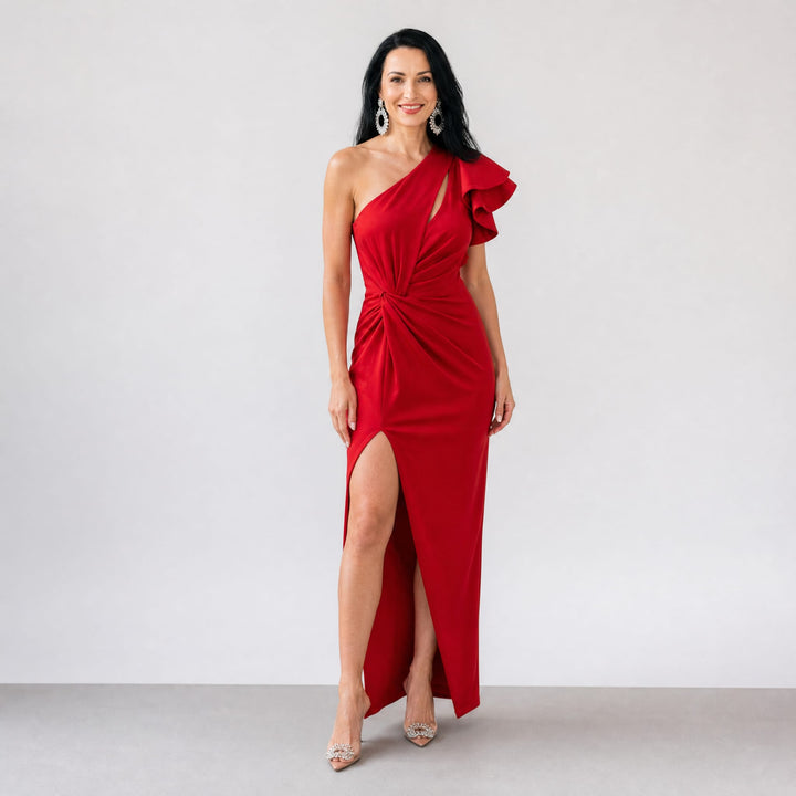 Elegancka Sukienka Wieczorowa Maxi Kopertowa na Jedno Ramię z Falbaną i Rozcięciem — Sukienka na Wesele, Bankiet i Wieczorne Wyjścia | Sylnia Butik