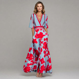 Elegancka Kopertowa Sukienka Maxi w Kwiaty z Dekoltem V i Rękawem 3/4, Rozkloszowana na Wesele i Lato | Sylnia Butik