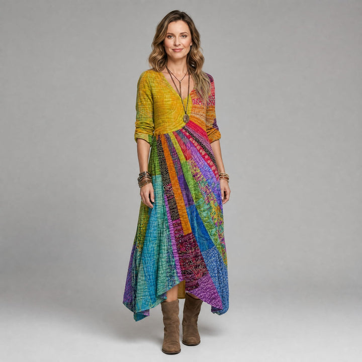 Długa Sukienka Maxi Boho z Kolorowym Wzorem Patchwork i Dekoltem V - Codzienna i Artystyczna na Wiosnę i Lato | Sylnia Butik